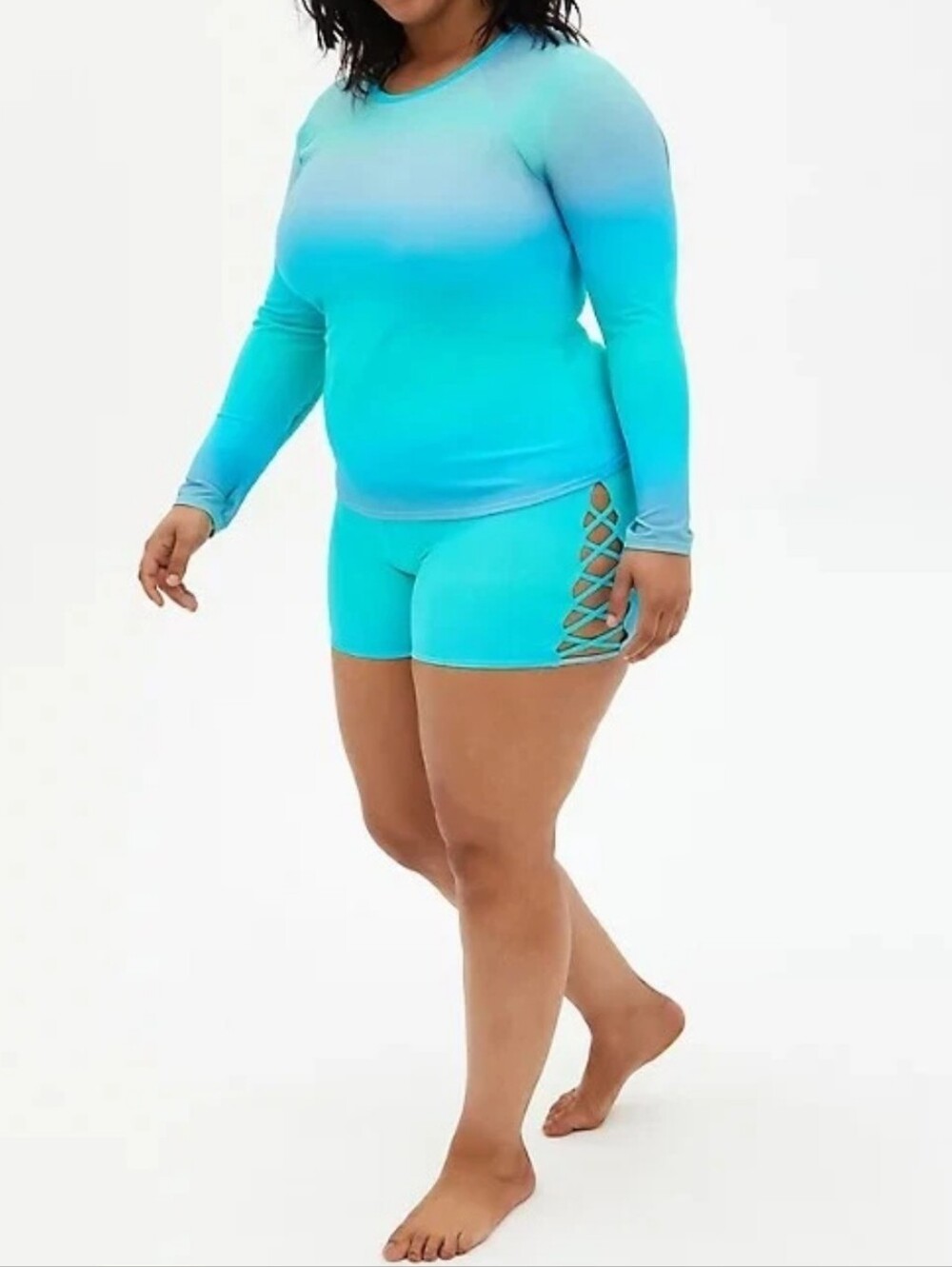 Torrid Set Aqua Seaside Gradient Rash Guard + Lattice-Side Swim Shorts 3731-CU